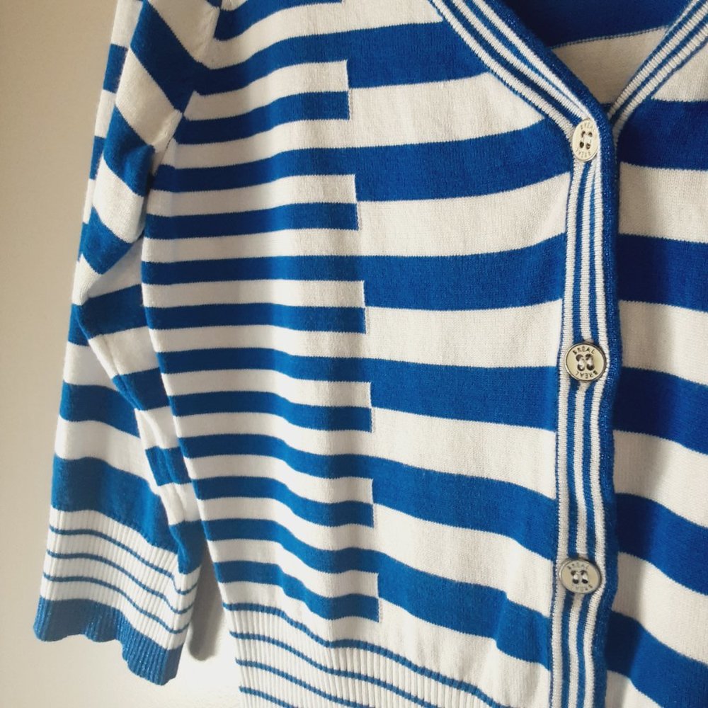 Belldini Striped Cardigan, V-neck, 3/4 Sleeve, Royal Blue & White | Medium - Picture 7 of 14